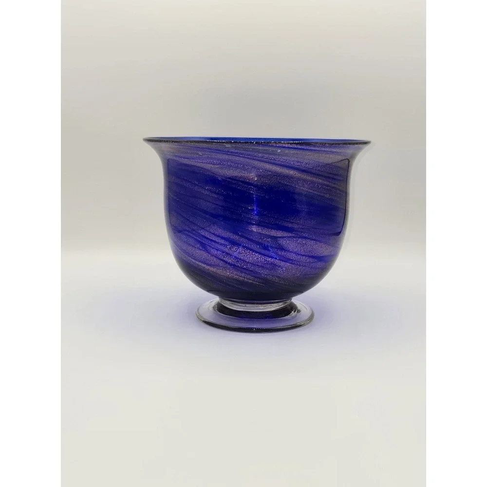 Cobalt Blue Art Glass Pedestal Vase Aventurine Swirl Hand Blown‎ Bowl Form